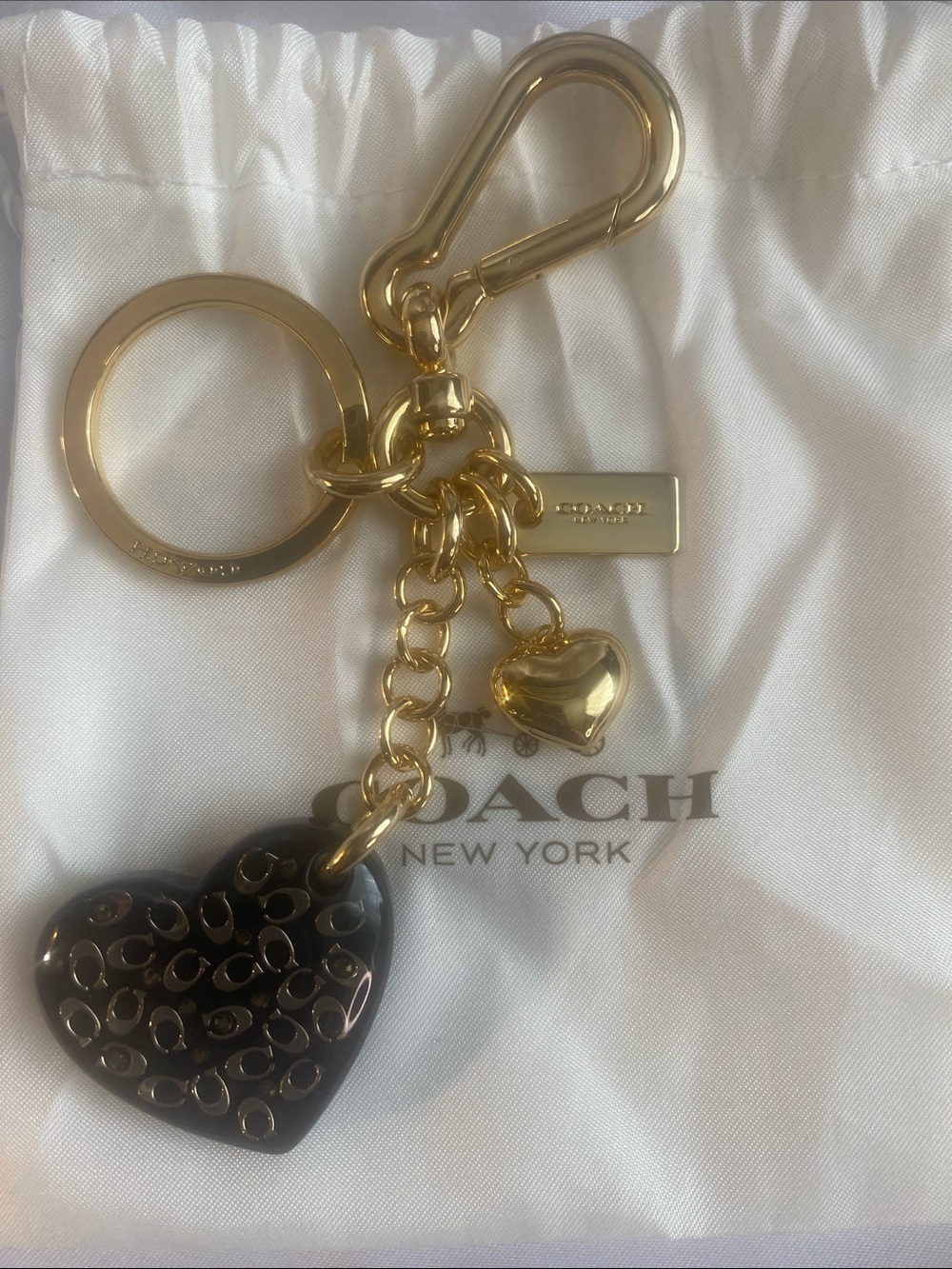 Coach Black Signature Heart Bag Charm Keychain Gold Tone NWOT w/ Dust Bag